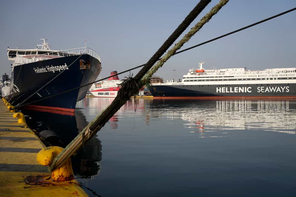 Ferries are docked during a 24-hour nationwide strike at Piraeus port, near Athens, Greece, Wednesday, April 6, 2022. Greece’s major labor unions declared the strike against rising prices because of the war in Ukraine and call for collective wage agreements and salary increases, among other demands. (AP Photo/Thanassis Stavrakis)