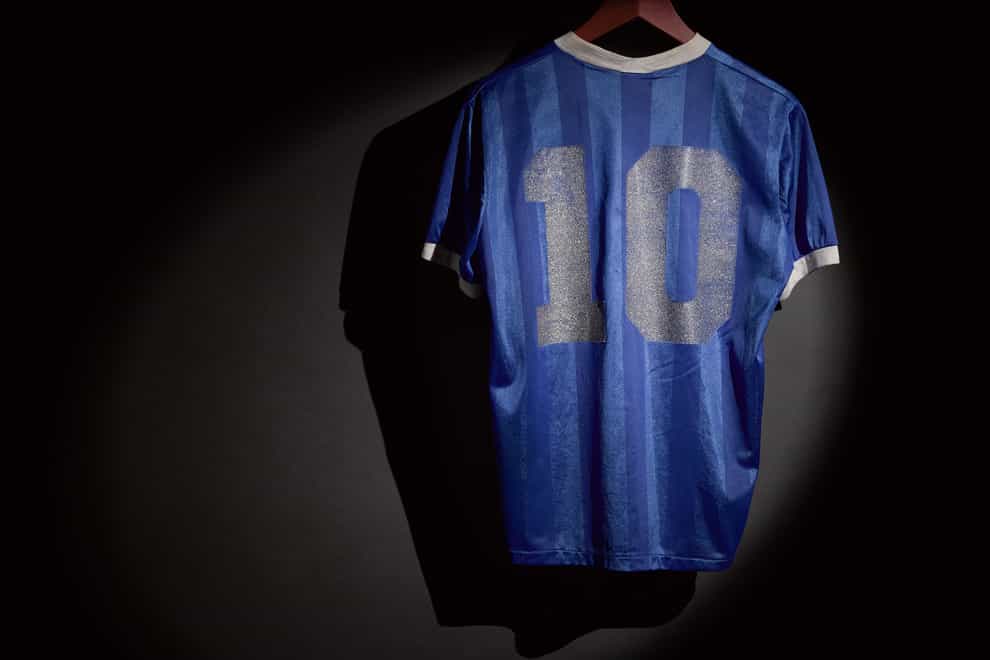 Diego Maradona’s ‘Hand of God’ shirt is going up for action and could sell for as much as £4m (Sotheby’s/PA)