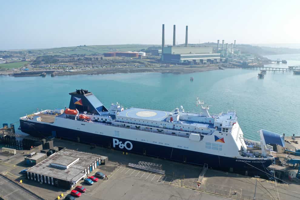 The P&O Ferries operated European Causeway vessel in dock at the Port of Larne, Co Antrim (Michael Cooper/PA)