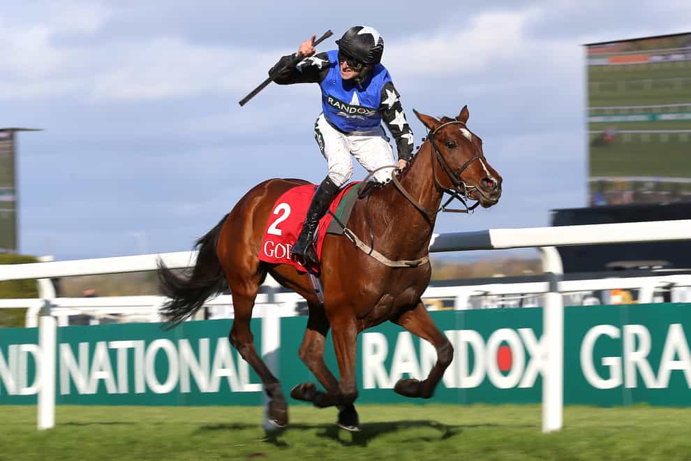 Ashroe Diamond ridden by Patrick Mullins celebrates winning the Goffs UK Nickel Coin Mares’ Standard Open National Hunt at Aintree Racecourse, Liverpool. Picture date: Thursday April 7, 2022.