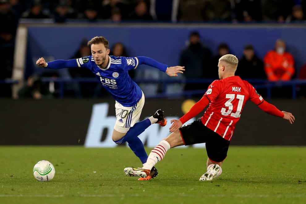 Leicester drew 0-0 with PSV in the Europa Conference League quarter-final first leg. (Barrington Coombs/PA)