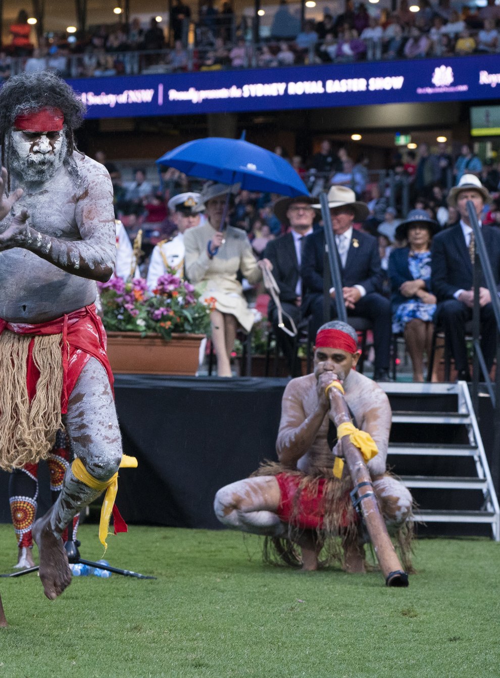 The Princess Royal is welcomed by Australian Aboriginal performers during the opening ceremony of the Sydney Royal Easter Show (Kirsty O’Connor/PA)