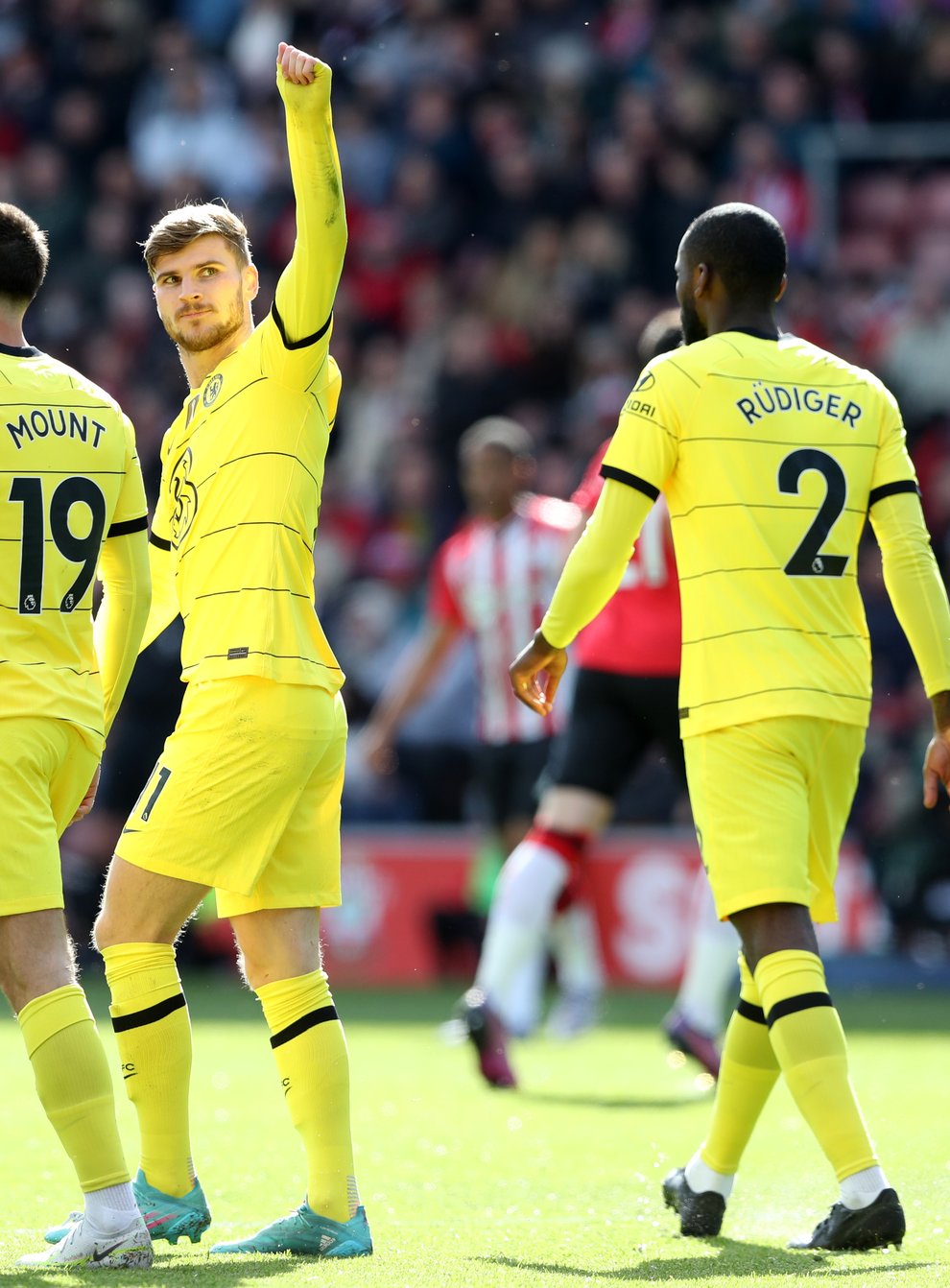 Timo Werner, centre, scored twice in Chelsea’s rout of Southampton (Kieran Cleeves/PA)
