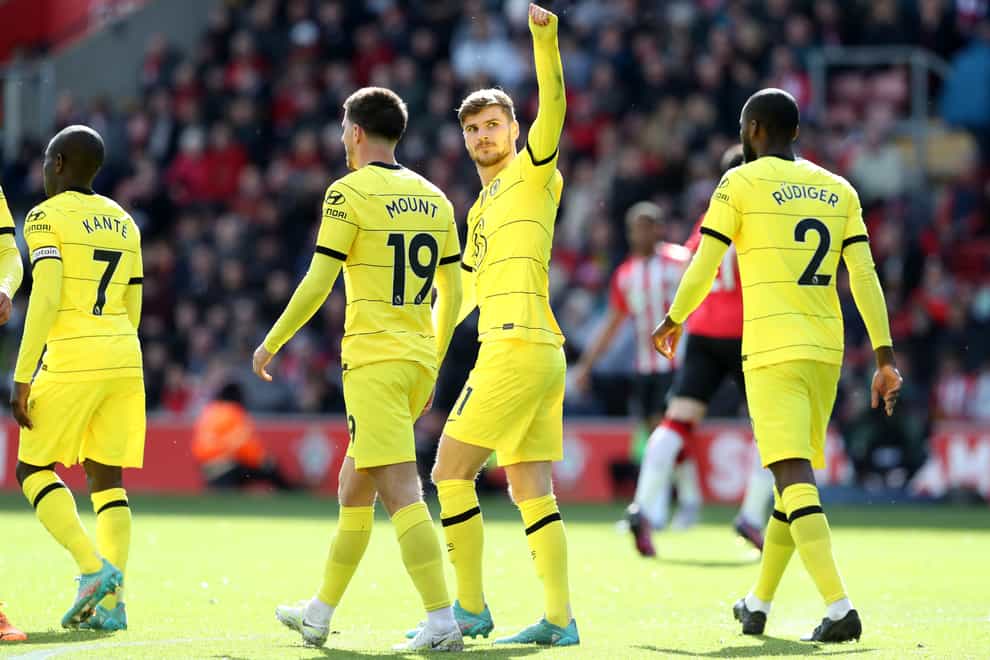 Timo Werner, centre, scored twice in Chelsea’s rout of Southampton (Kieran Cleeves/PA)