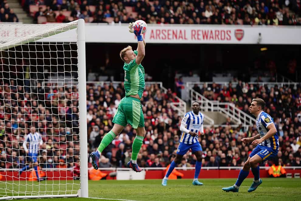 Arsenal keeper Aaron Ramsdale makes a save during the 2-1 defeat at home to Brighton (Aaron Chown/PA Images).