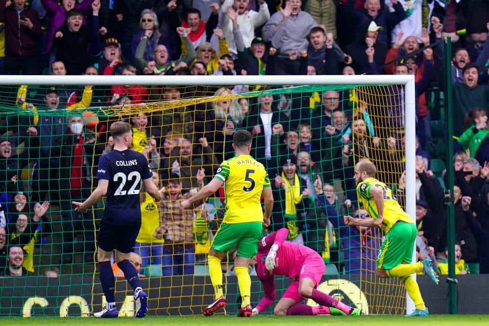 Teemu Pukki celebrates after making it 2-0 for Norwich at home to Burnley (Adam Davy/PA)