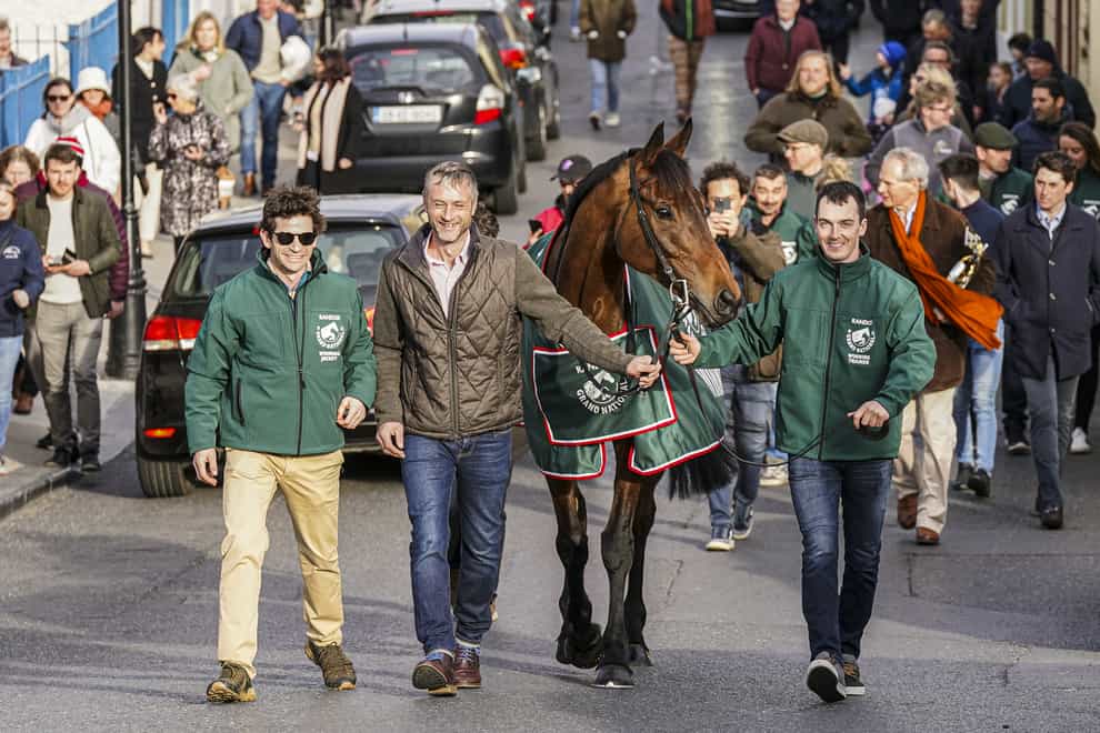 Jockey Sam Waley-Cohen (left) and Grand National winning horse Noble Yeats during their homecoming parade in County Carlow.