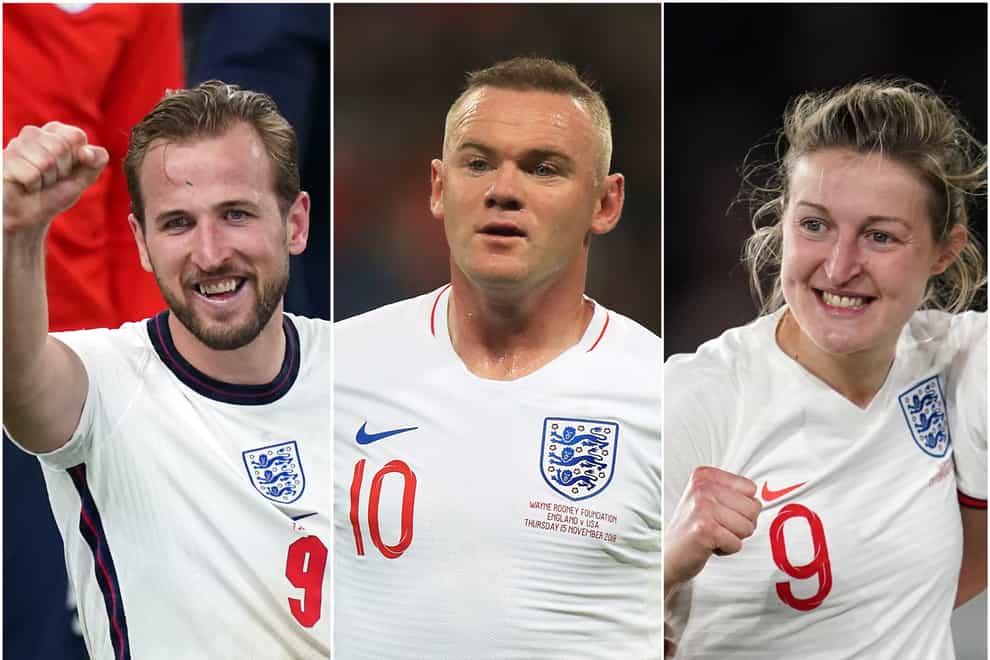Harry Kane, left, and Ellen White are chasing the record of Wayne Rooney, centre (Mike Egerton/Nick Potts/PA)