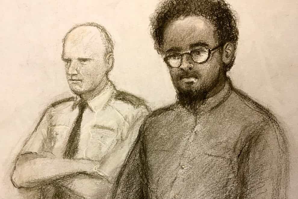 Court artist sketch by Elizabeth Cook of Ali Harbi Ali in the dock during his trial at the Old Bailey (Elizabeth Cook /PA)