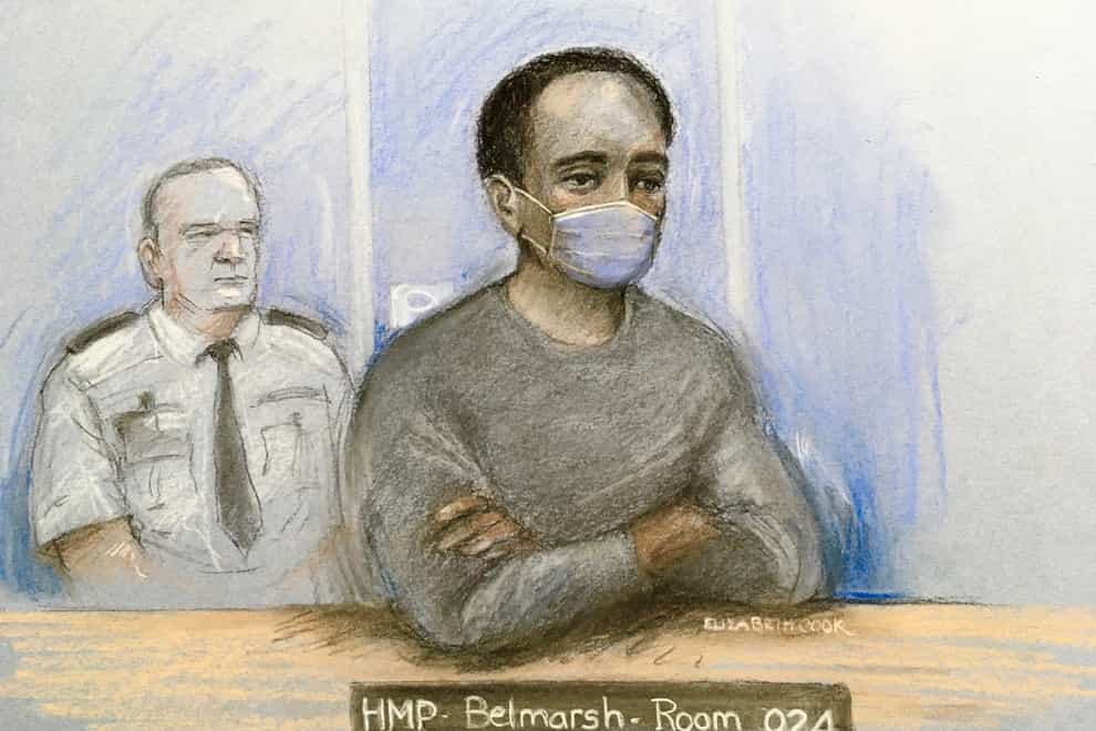 Court artist sketch of Ali Harbi Ali appearing at the Old Bailey by video link from Belmarsh Prison (Elizabeth Cook/PA)