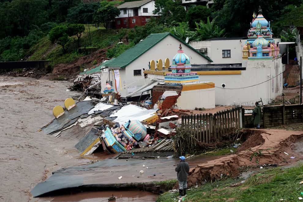 The Vishnu Hindu Temple was severely damaged by flooding on Mhlathuzana river in Chatsworth, outside Durban, South Africa (AP)