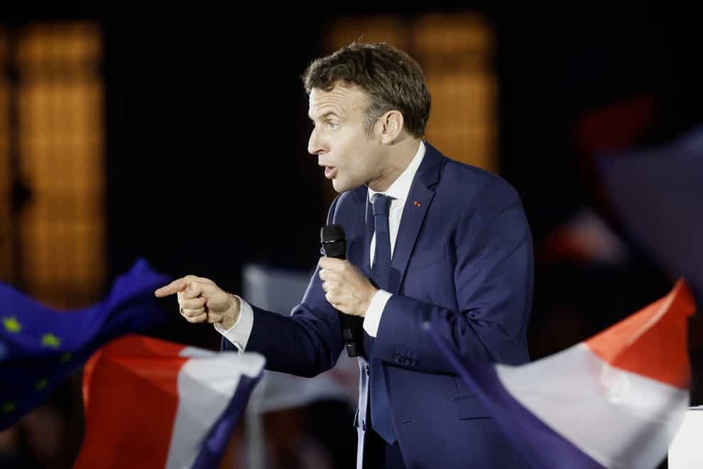 French president and centrist presidential candidate for re-election Emmanuel Macron delivers a speech during a campaign rally, in Strasbourg, eastern France (Jean-Francois Badias/AP)