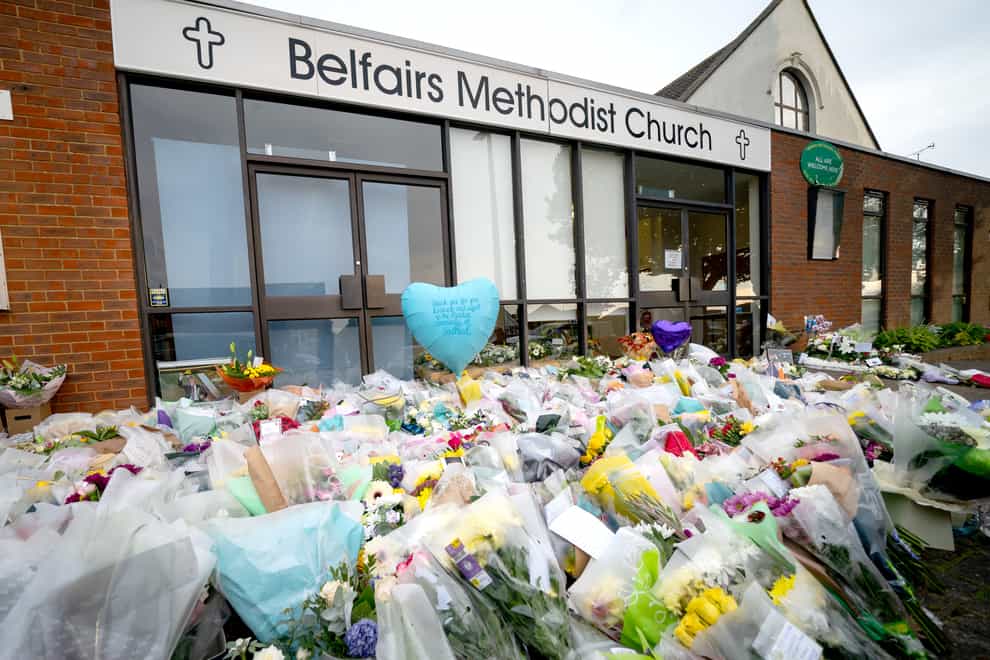 Flowers and tributes at Belfairs Methodist Church in Leigh-on-Sea, Essex (Aaron Chown/PA)