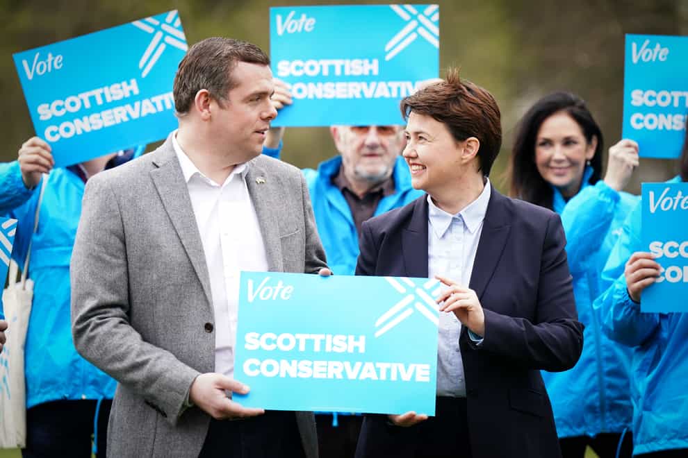 Ruth Davidson joined Scottish Tory leader Douglas Ross on the local election campaign trail on Wednesday (Jane Barlow/PA)