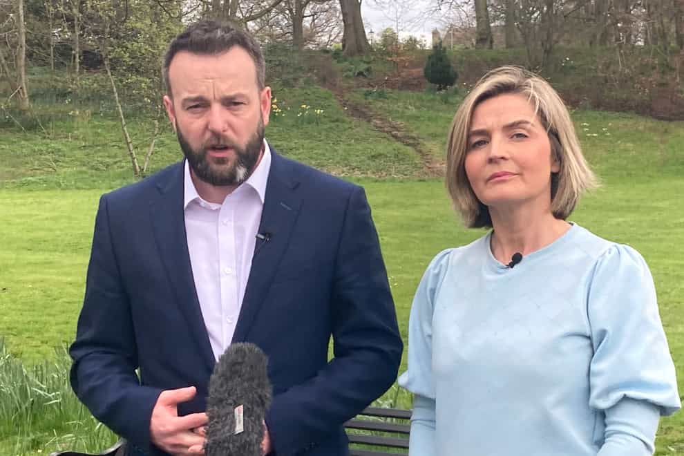 SDLP leader Colum Eastwood with South Belfast candidate Elsie Trainor (Rebecca Black/PA)