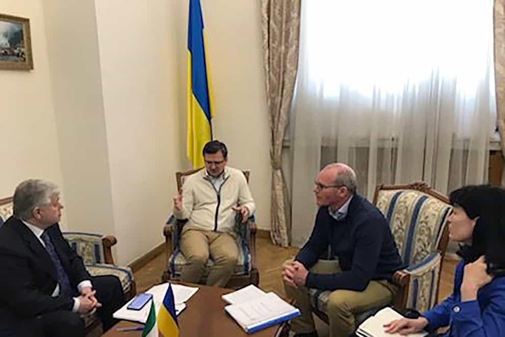Ireland’s Minister for Foreign Affairs Simon Coveney, centre right, meeting with his Ukrainian counterpart Dmytro Kuleba, centre, in Kyiv (handout/PA)