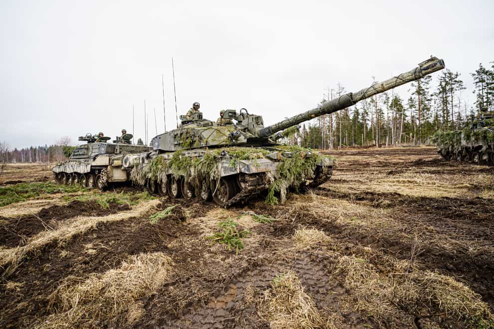 Embargoed to 1700 Thursday April 14 British Challenger II tanks on manoeuvres at the Tapa central military training area in Estonia on NATO exercise Bold Dragon alongside Estonian, Danish and French forces. Picture date: Thursday April 14, 2022. (Ben Birchall/PA)