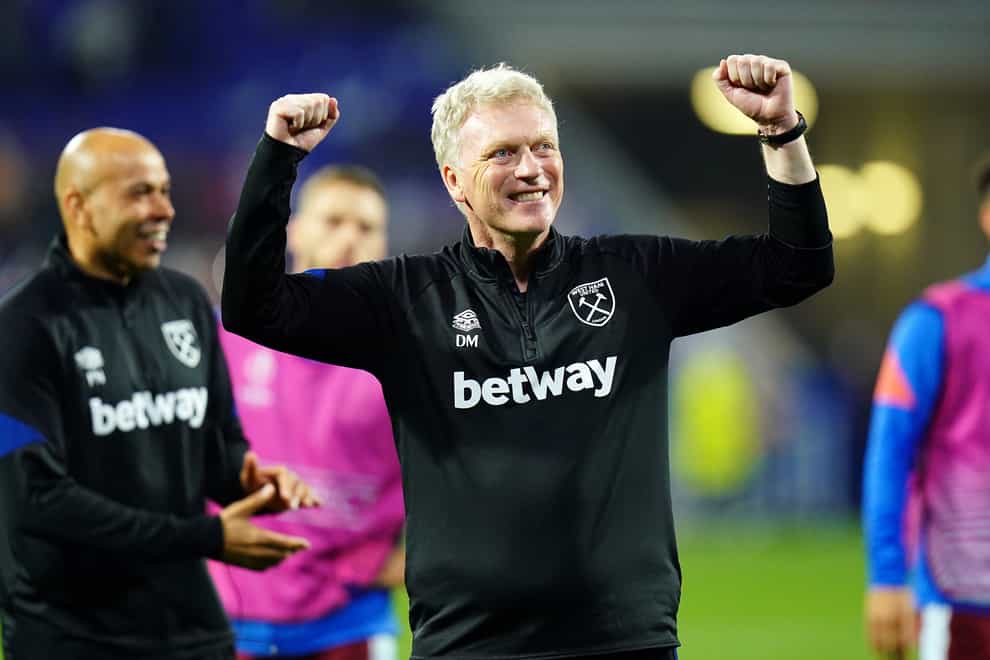 West Ham manager David Moyes celebrates after the game in Lyon (Adam Davy/PA)