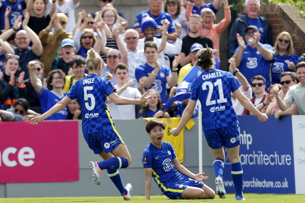 Chelsea’s Ji So-yun, centre, celebrates scoring the game’s second goal at Meadow Park (Steven Paston/PA)