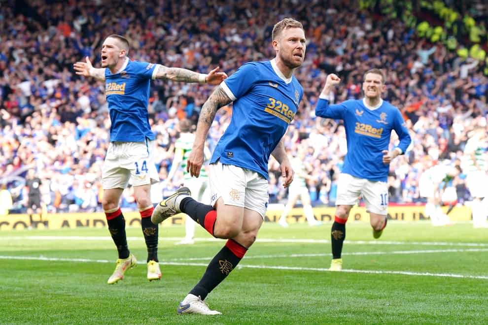 Rangers’ Scott Arfield (centre) celebrates scoring against Celtic (Jane Barlow/PA)