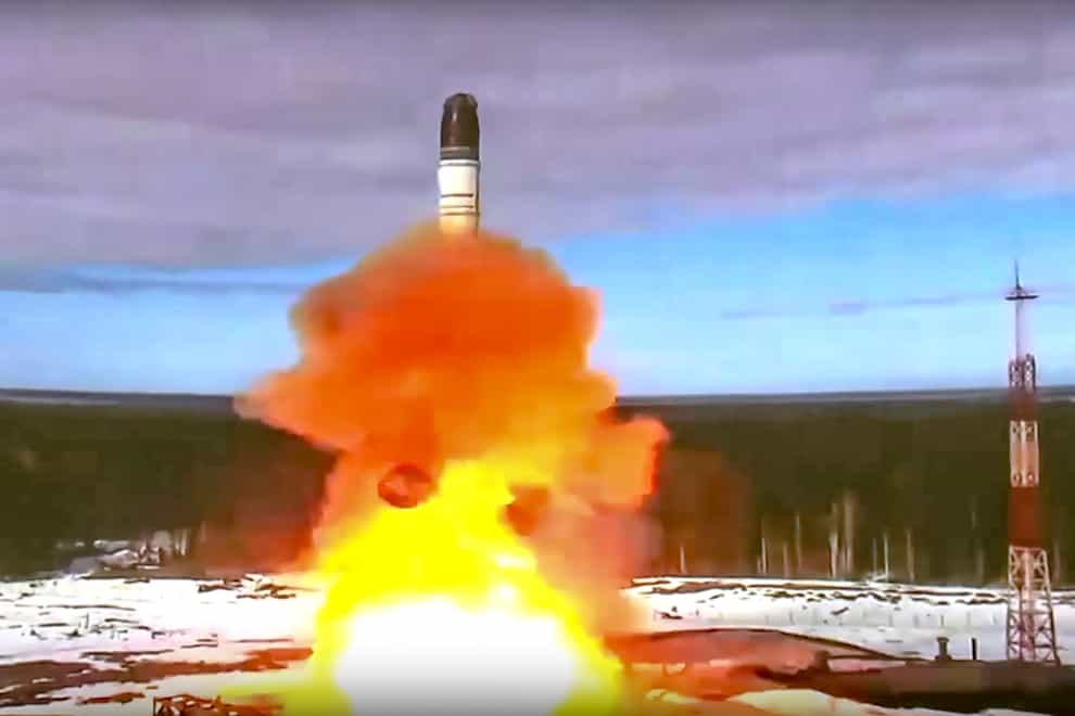 The Sarmat intercontinental ballistic missile is launched (Roscosmos Space Agency Press Service via AP)