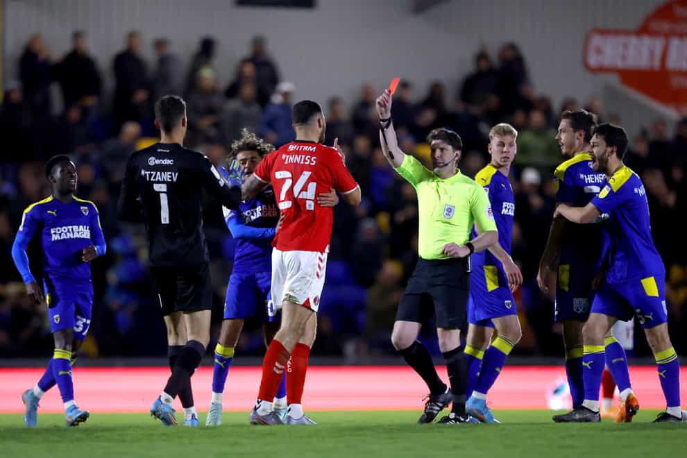 Charlton defender Ryan Inniss was shown a red card against AFC Wimbledon (Steven Paston/PA)