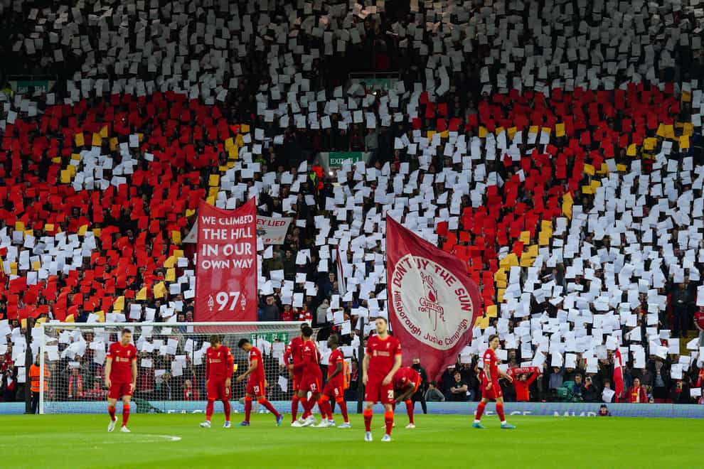 A tribute to the 97 Hillsborough victims was created at Anfield ahead of the Champions League match against Benfica earlier this month (Peter Byrne/PA)
