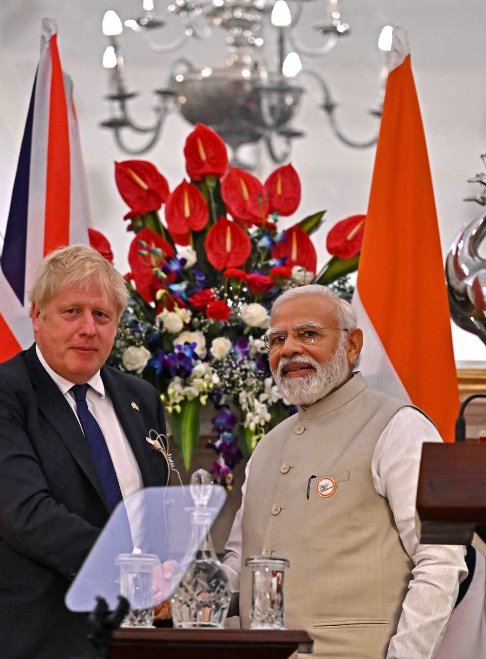 Boris Johnson with Narendra Modi at a press conference at Hyderabad House in Delhi (Ben Stansall/PA)
