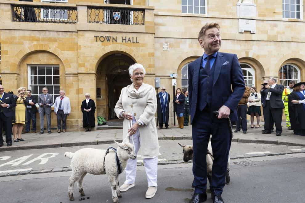 Dame Judi Dench and Kenneth Branagh exercise their right to herd sheep along Sheep Street (Fabio De Paola/PA)