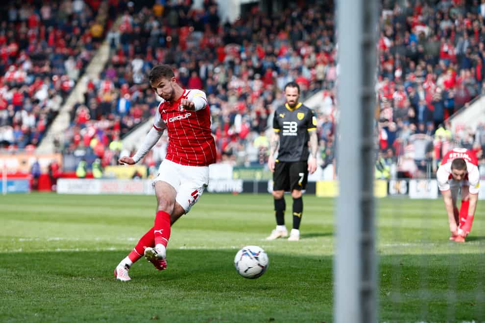 Dan Barlaser scores Rotherham’s winner from the penalty spot to atone for his earlier own goal (Will Matthews/PA)