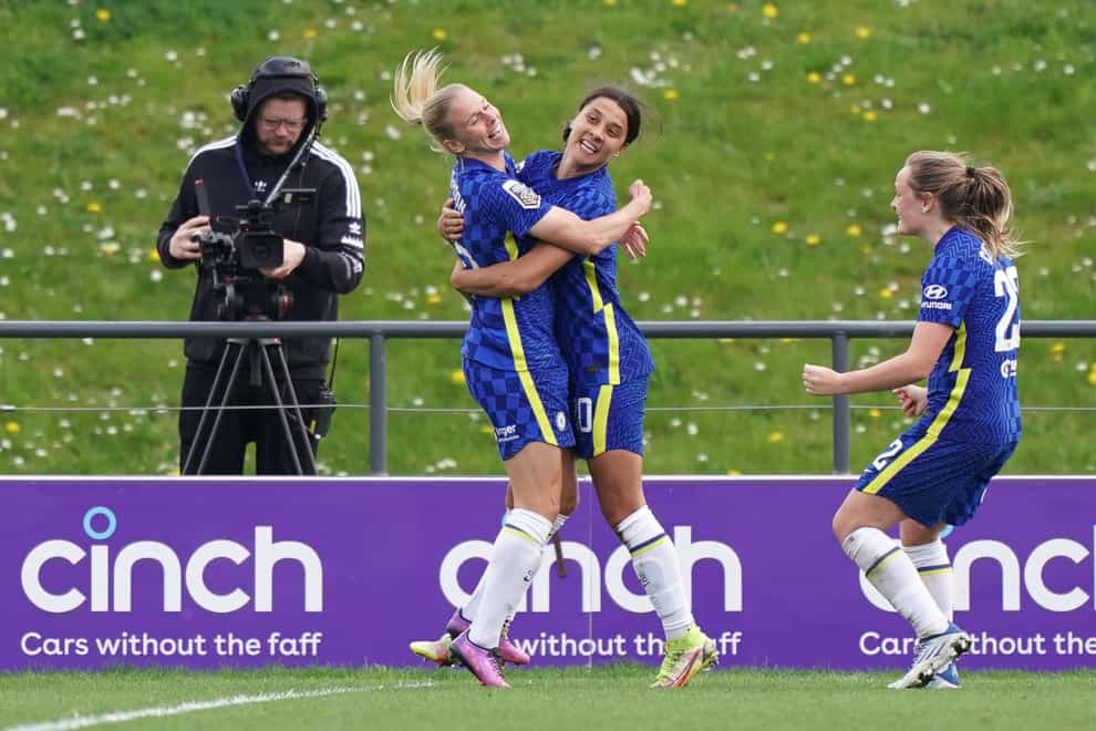 Sam Kerr, second right, celebrates scoring Chelsea’s second goal (Kirsty O’Connor/PA)