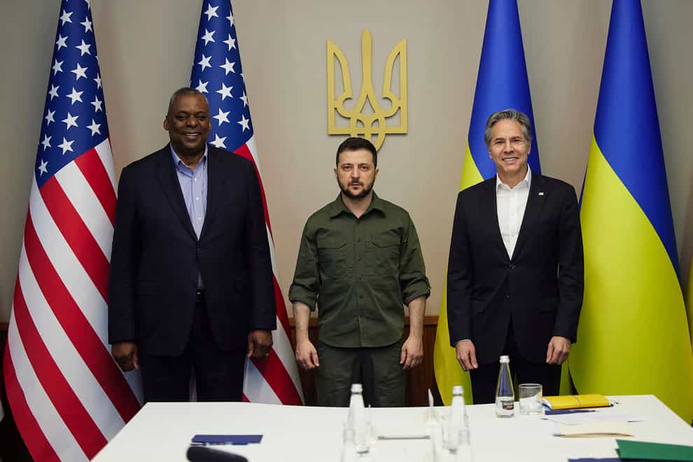 US Defence Secretary Lloyd Austin, Ukrainian President Volodymyr Zelenskyy and US Secretary of State Antony Blinken meet in Kyiv (Ukrainian Presidential Press Office/AP)