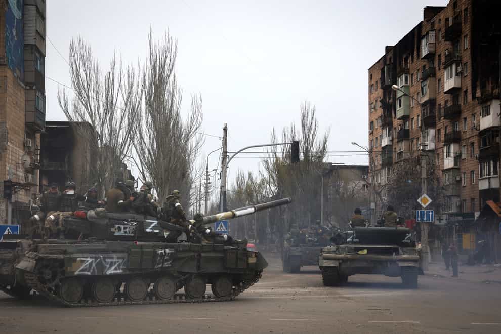 Russian military vehicles in an area controlled by Russian-backed separatist forces in Mariupol (Alexei Alexandrov/AP)