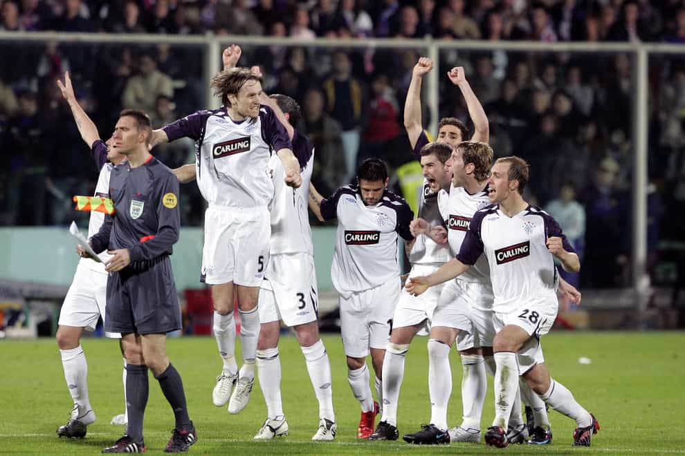 Rangers players celebrate during the penalty shootout against Fiorentina (Andrew Milligan/PA)