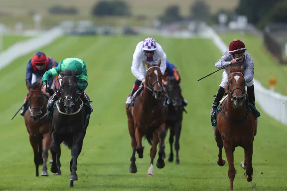 Ebro River ridden by jockey Shane Foley (right) on their way to winning the Keeneland Phoenix Stakes at Curragh Racecourse (Niall Carson/PA)