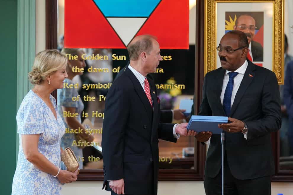 The Earl and the Countess of Wessex are presented with a gift by Gaston Browne (Joe Giddens/PA)