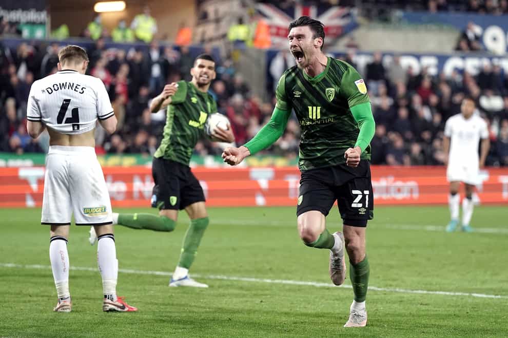 Kieffer Moore celebrates scoring Bournemouth’s late equaliser in their 3-3 draw at Swansea (Nick Potts/PA)