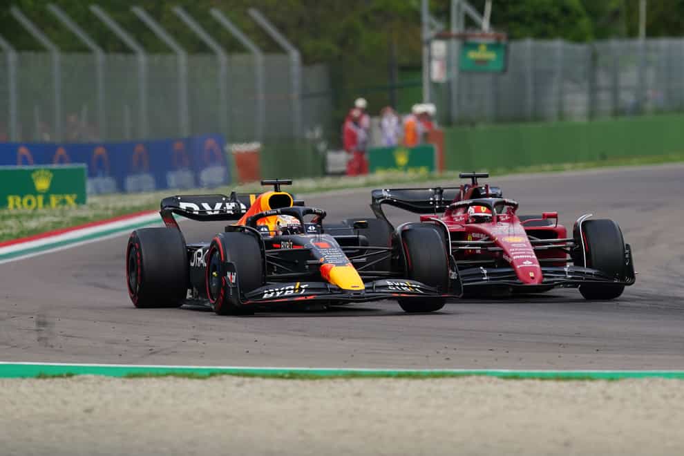 Red Bull Racing’s Max Verstappen overtakes Ferrari’s Charles Leclerc during the sprint race in Imola (David Davies/PA)