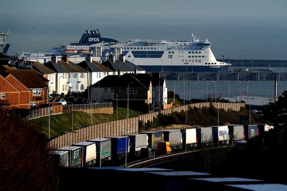 Lorries queue for the Port of Dover in Kent in February 2022 (Gareth Fuller/PA)