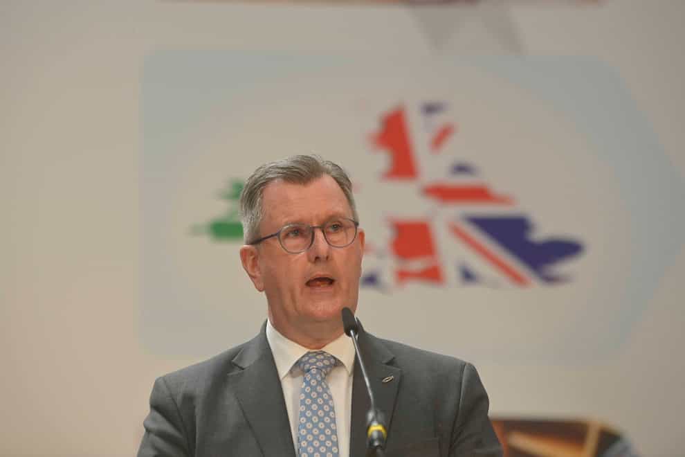 DUP leader Sir Jeffrey Donaldson speaks during the party’s manifesto launch at AJ Power LTD in Craigavon, Co Armagh (Mark Marlow/PA)
