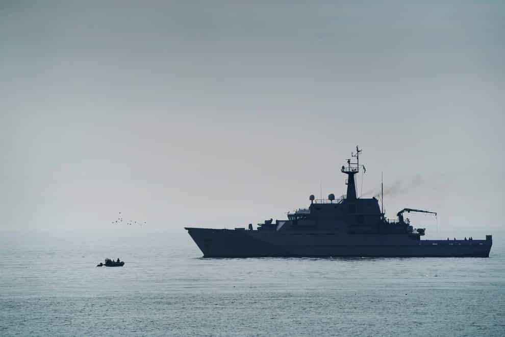 Royal Navy patrol ship HMS Tyne with her support vessel on patrol in the Channel off the coast of Dover, Kent, as small boat incidents involving people thought to be migrants continue. Picture date: Tuesday April 19, 2022. (Gareth Fuller/PA)