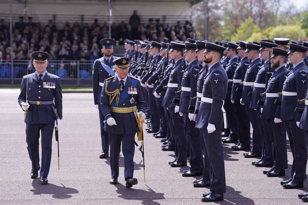 The Prince of Wales, Marshal of the Royal Air Force, attends a parade at RAFC, Cranwell, Sleaford, in Lincolnshire. (Danny Lawson/PA)