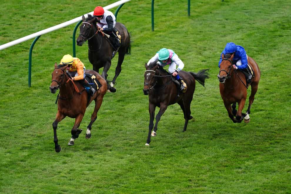 Voodoo Queen and David Egan (left) coming home to win the Betfair Maiden Fillies’ Stakes on the opening day of the QIPCO Guineas Festival at Newmarket Racecourse (David Davies/PA)