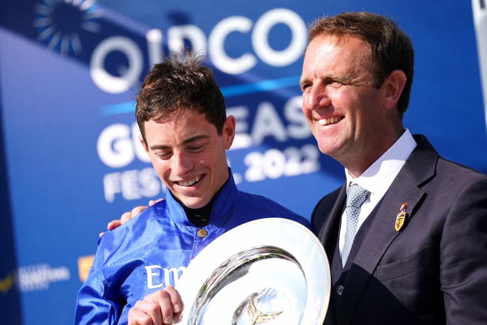 James Doyle and trainer Charlie Appleby celebrate (Tim Goode/PA)