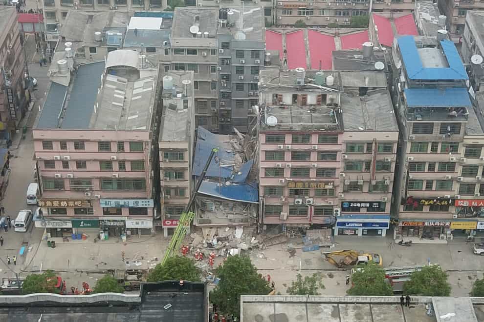 The site of the collapsed self-constructed residential building in Changsha, in central China’s Hunan province (Chen Zeguo /Xinhua News Agency/AP)