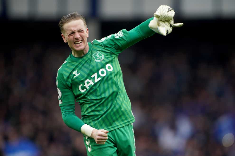 Jordan Pickford celebrates Everton’s huge win over Chelsea (Peter Byrne/PA)