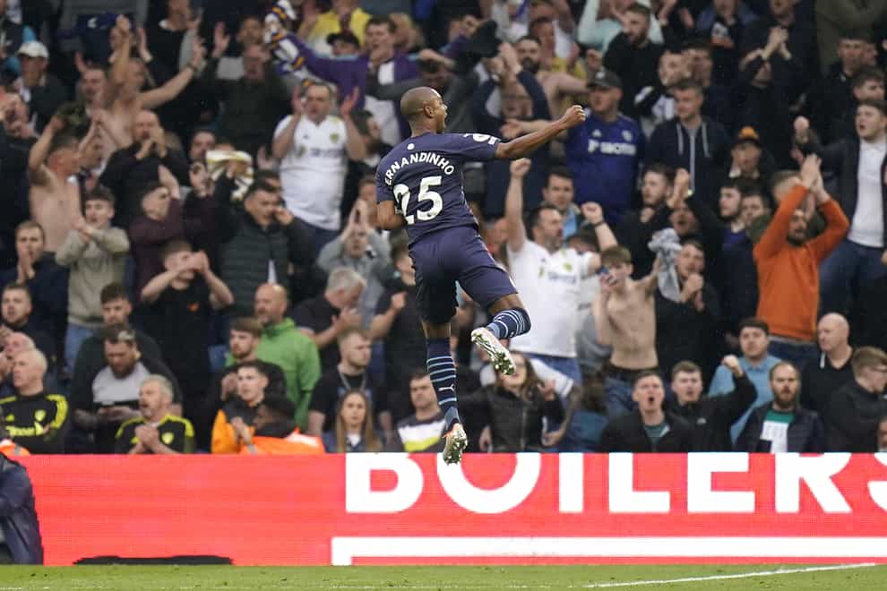 Fernandinho celebrates scoring Manchester City’s fourth goal in their win over Leeds (Danny Lawson/PA)
