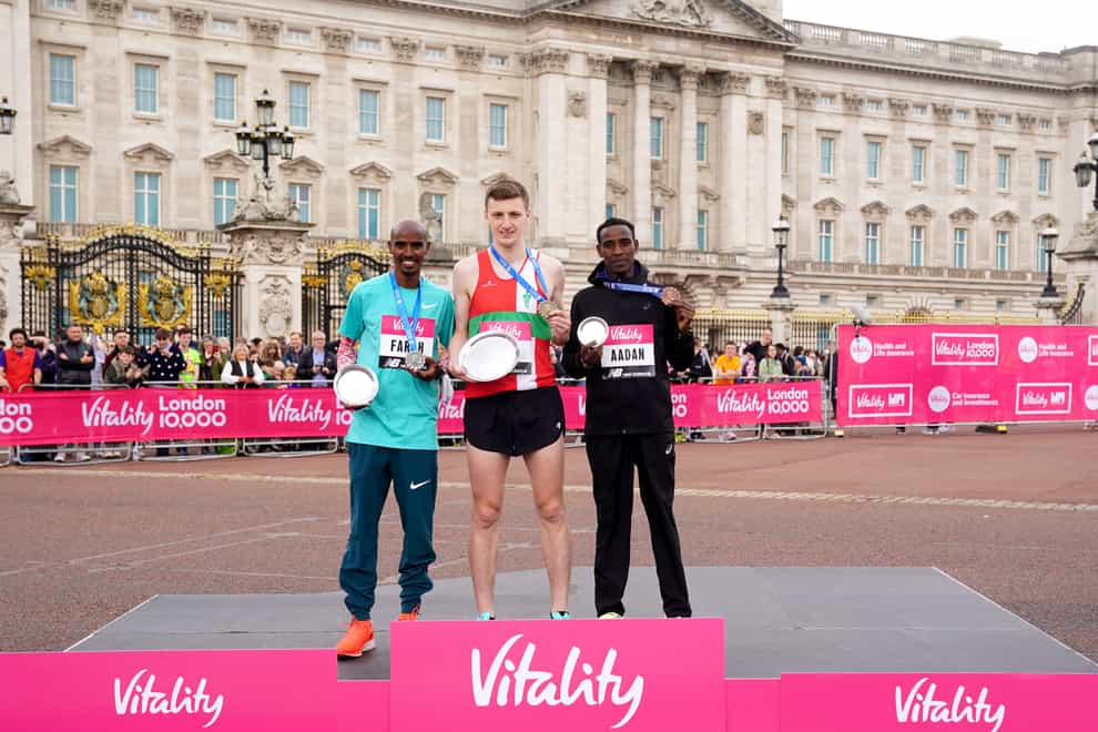Sir Mo Farah (left) was second behind Ellis Cross (centre) at the Vitality London 10,000 (Adam Davy/PA)