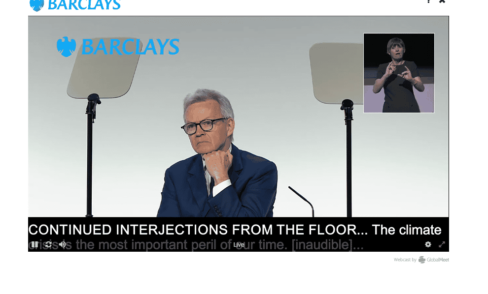 Barclays chairman Nigel Higgins was repeatedly interrupted by the protesters (screengrab/PA)