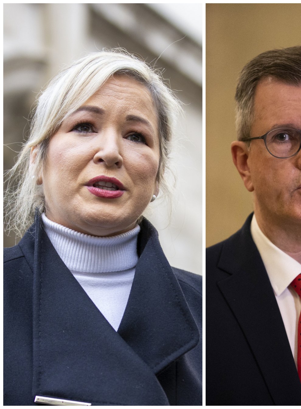 Sinn Fein vice-president Michelle O’Neill and DUP leader Jeffrey Donaldson are vying to top the poll in the Stormont election (PA)